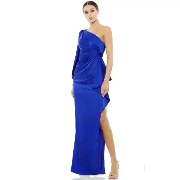 Mac Duggal One Shoulder Long Sleeve Sapphire Maxi Dress Formal Gown 4 Small Slit - Picture 1 of 13